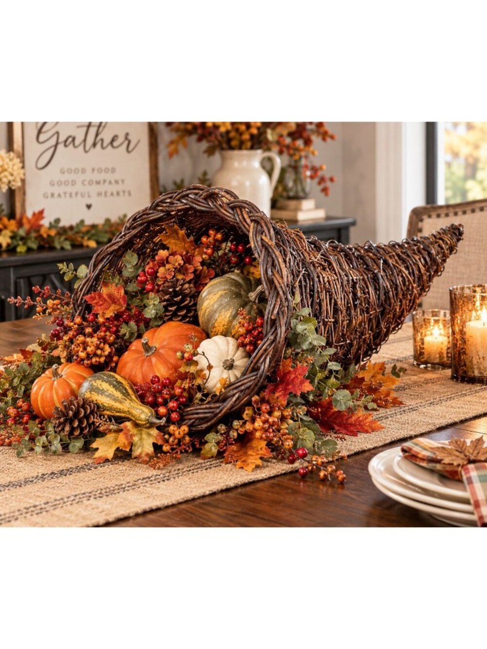 Large Vintage Grapevine Cornucopia Basket Rustic Thanksgiving Fall Harvest Decor